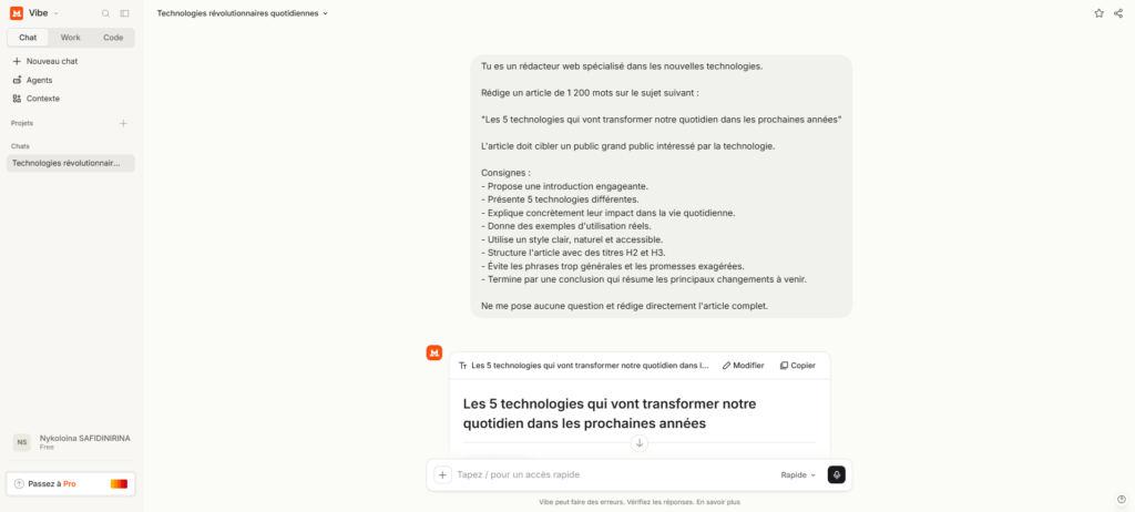 Test de Mistral IA : demande de rédiger un article