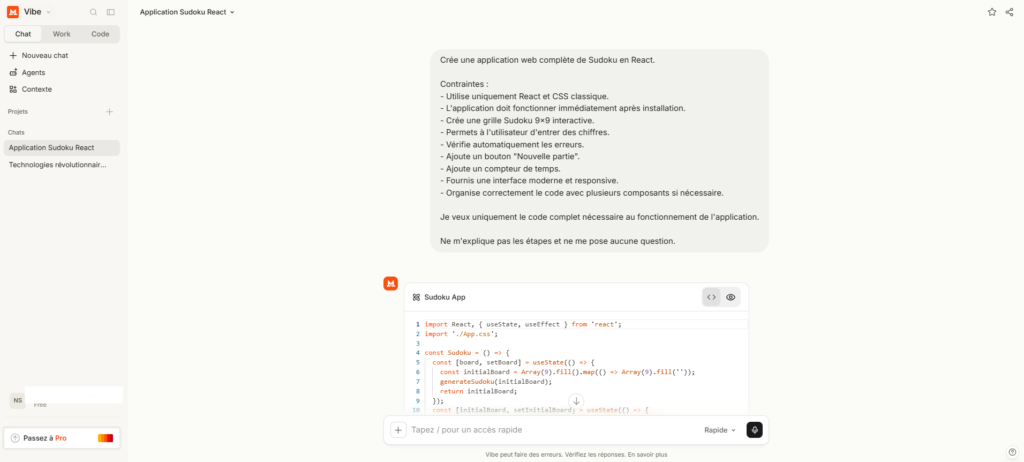 Test de Mistral IA : demande pour produire du code