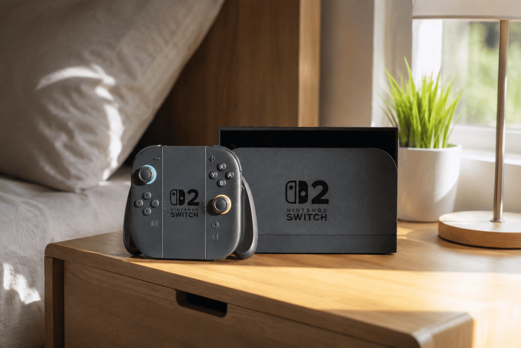 La Switch 2 posée sur une table de chevet en journée