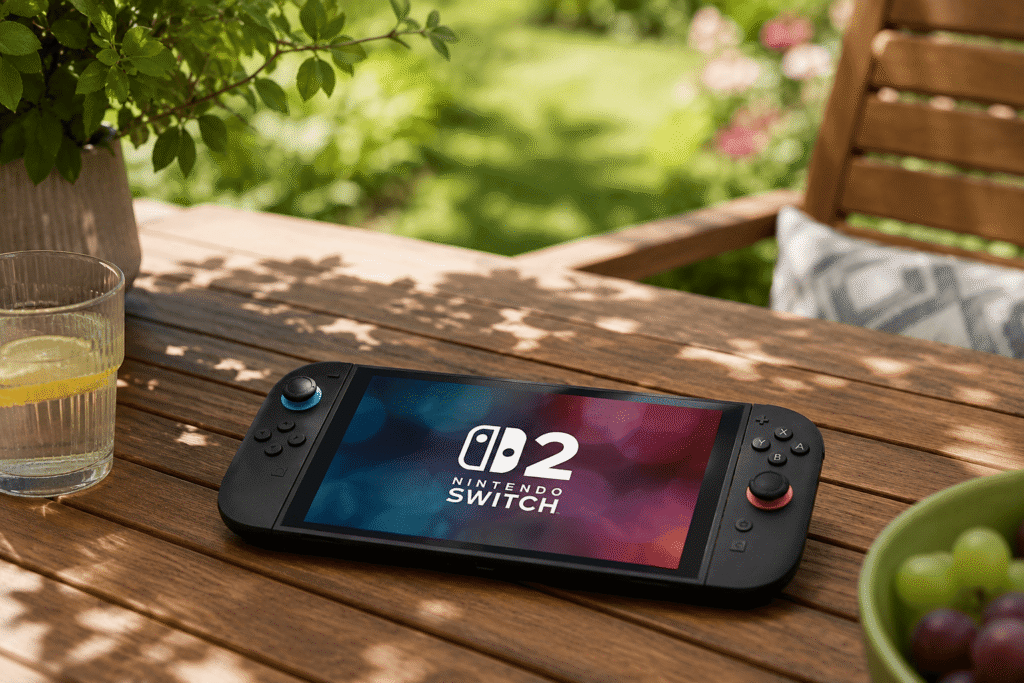 Nintendo Switch 2 posée sur une table dans un jardin