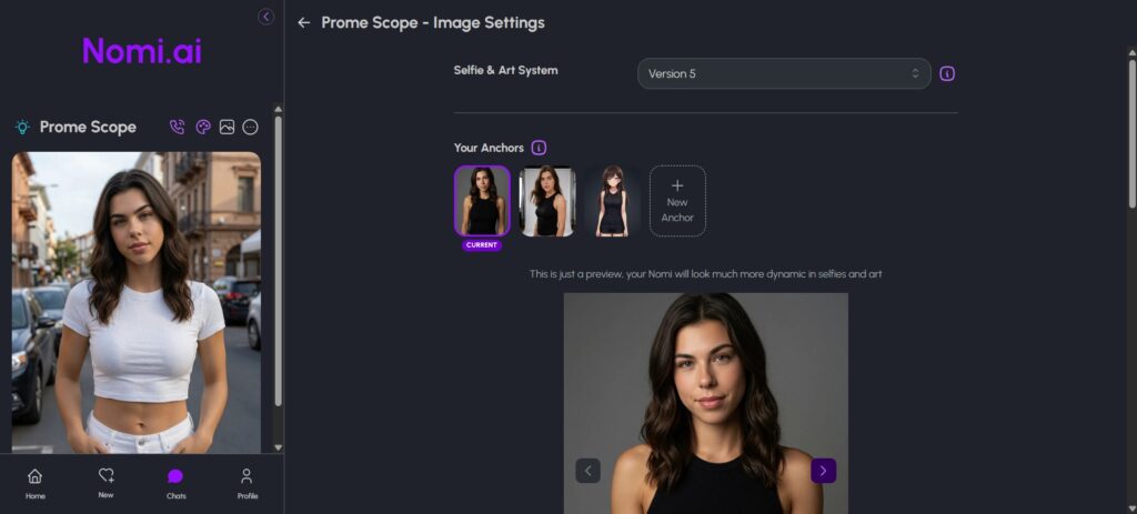 Paramètres d'images sur Nomi AI