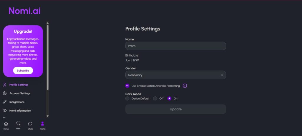 Profile Settings sur Nomi AI