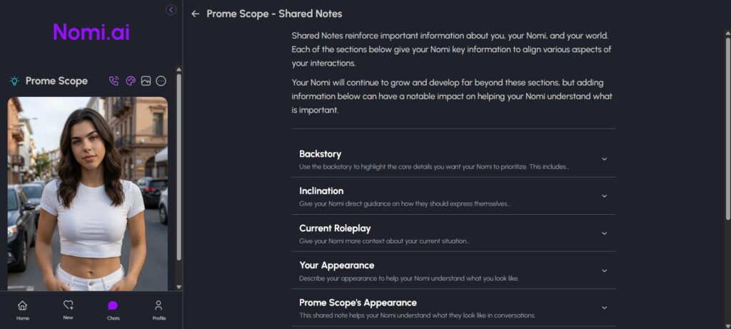 Option de personnalisation sur Nomi AI