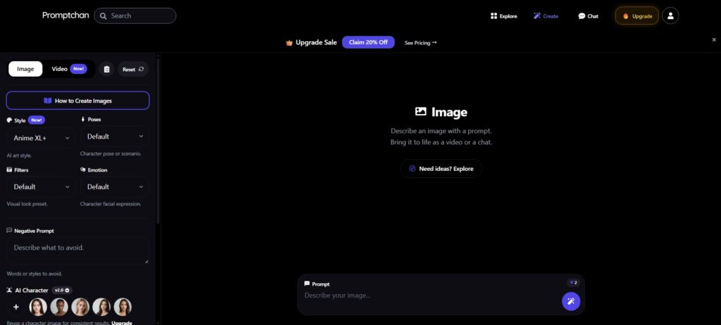 Interface pour générer une image coquine sur Promptchan