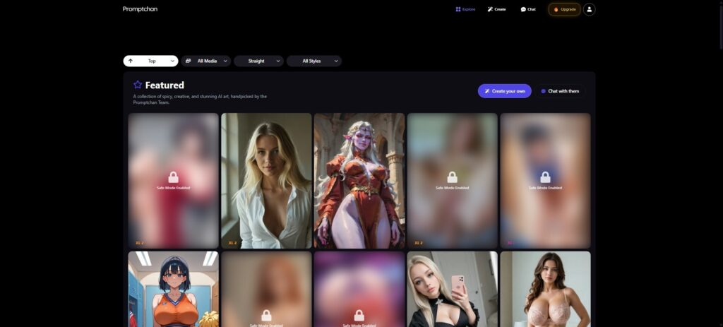 Page d'accueil de Promptchan une fois inscris sur la plateforme