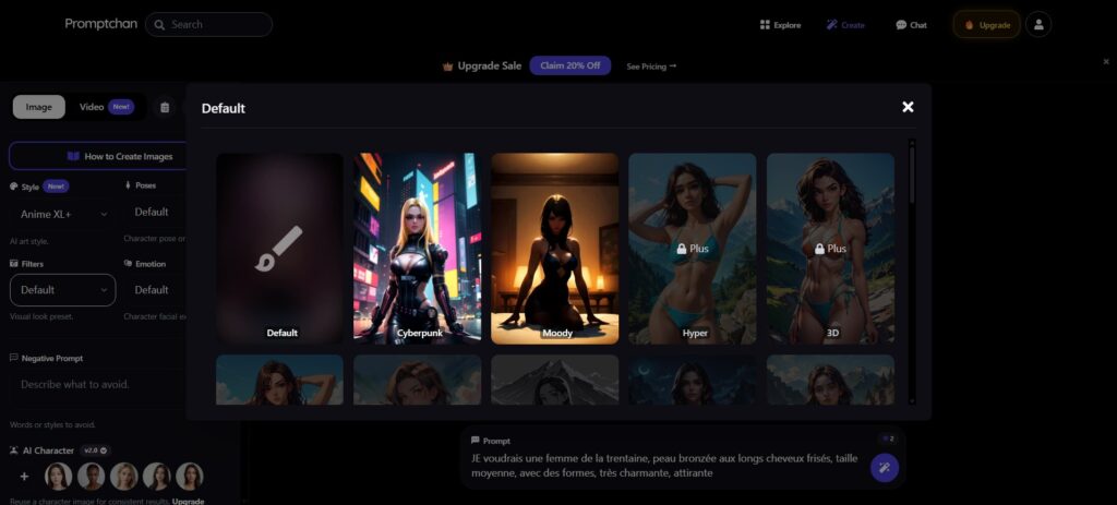 Les différents filtres pour générer une image sans censure sur Promptchan