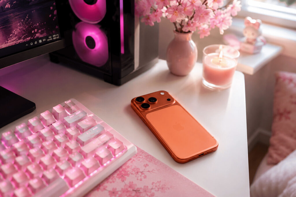 Un iPhone 17 Pro Max sur un bureau avec ordinateur config gaming, déco rose