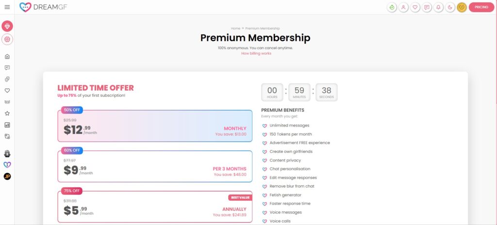 Les différents prix et abonnements pour accéder aux fonctionnalités premium de DreamGF