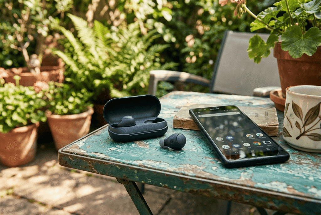 Les écouteurs Sony WF-C700N posés sur une table dans un jardin