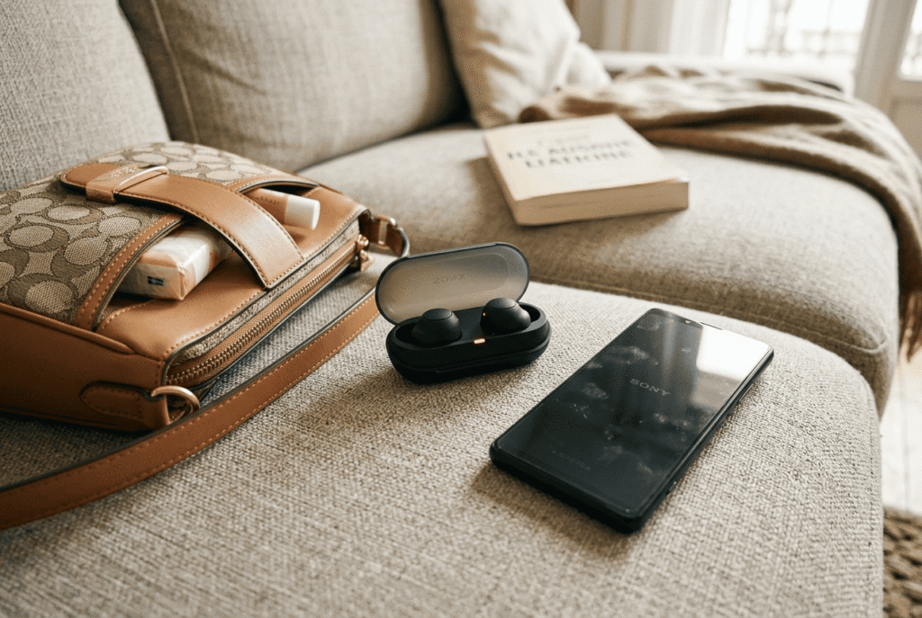 Les écouteurs Sony WF-C500 posé sur le canapé d'un salon côté d'un téléphone et d'un sac
