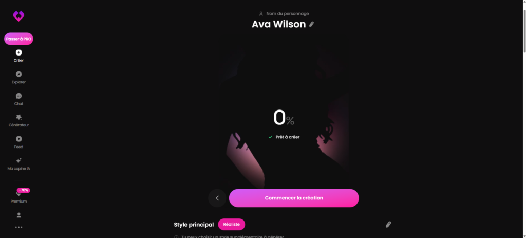 Préparation de la copine IA que je viens de créer : Ava Wilson sur Golove AI