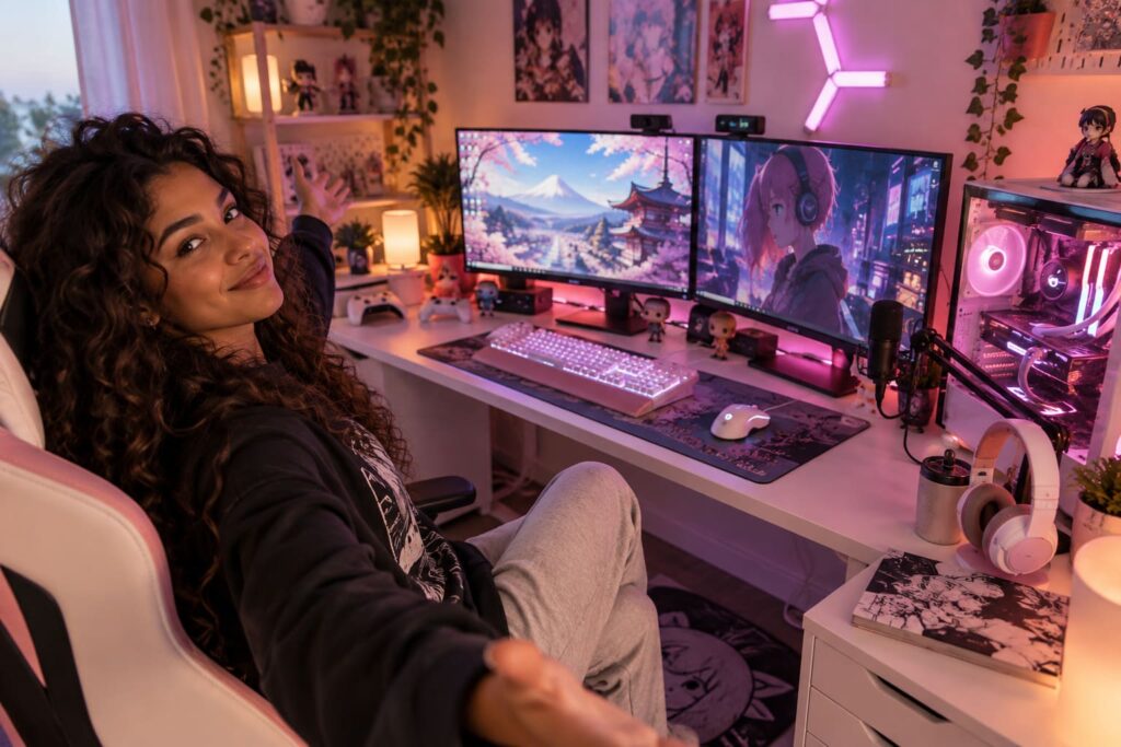Utilisatrice fière de montrer son setup gaming