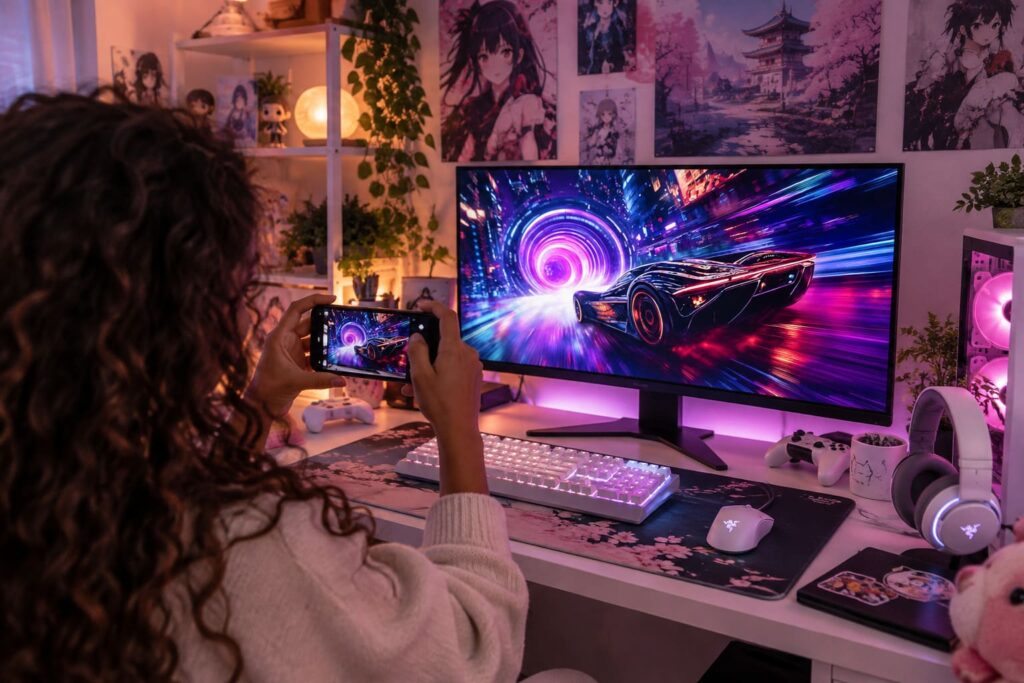 Utilisatrice en train de tester un nouveau moniteur gaming